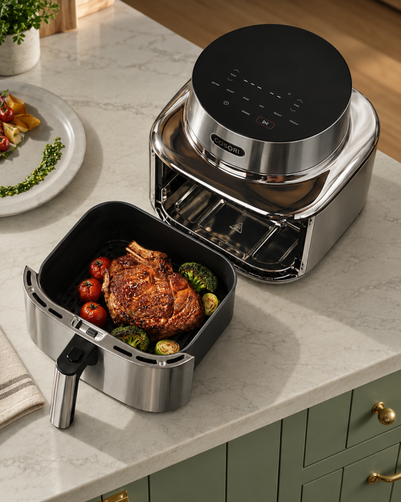 Stainless steel air fryer with cooking basket open in kitchen setting; AI-edited illustrative image