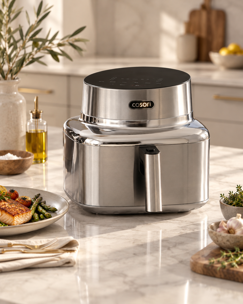 AI-edited editorial image of Cosori stainless steel air fryer on an ivory kitchen counter, provided by the publication