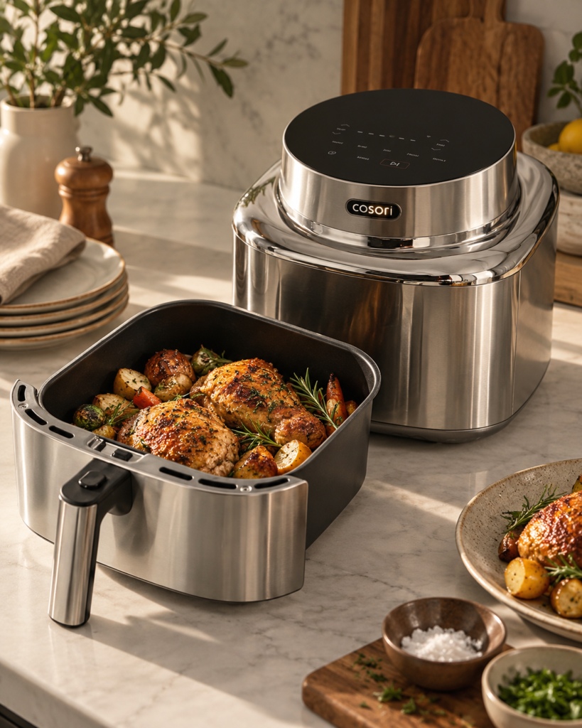 AI-edited editorial image of stainless steel air fryer with basket containing cooked food on a kitchen counter, provided by the publication