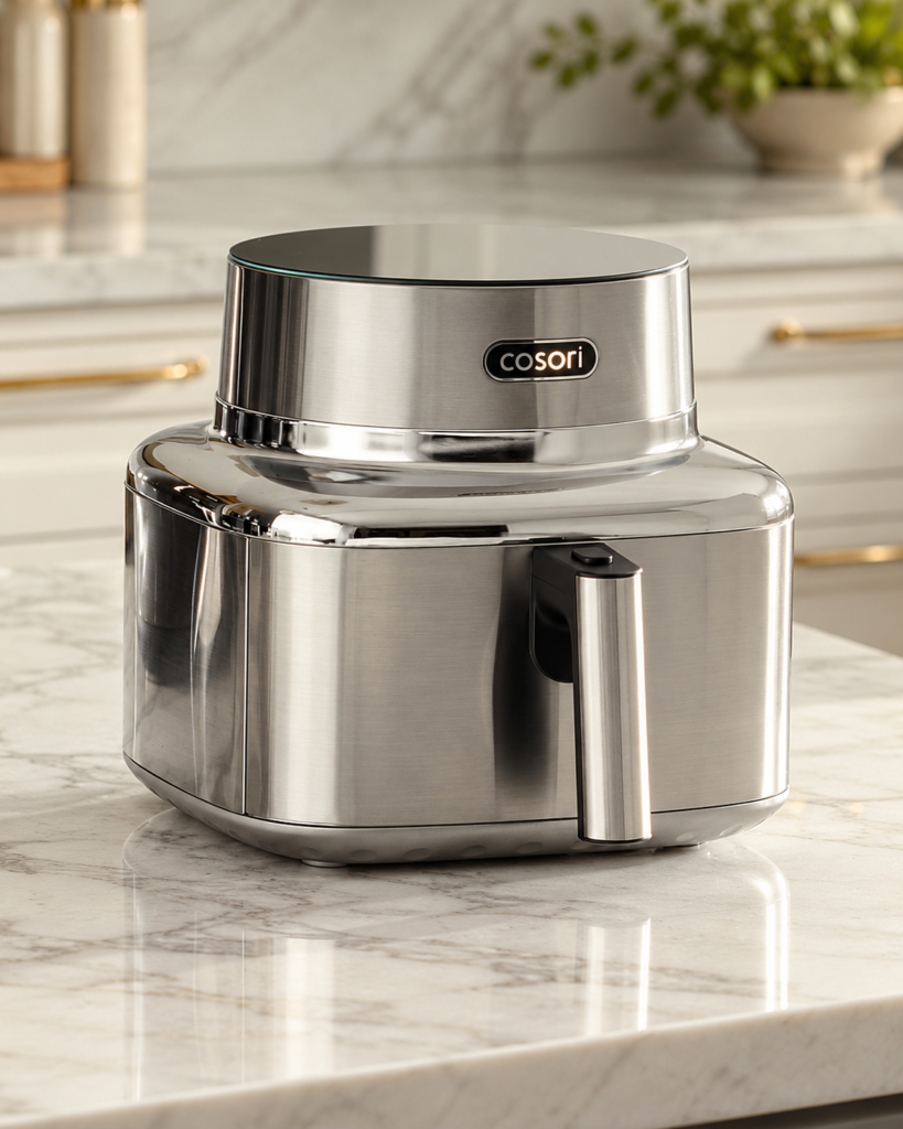 Cosori-style stainless steel air fryer on a pale kitchen counter; AI-edited illustrative image