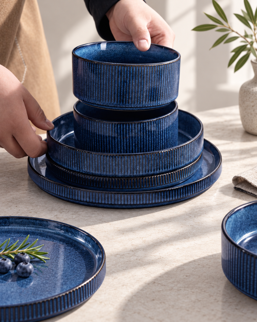 Close-up of stacked blue ribbed stoneware on a countertop; AI-edited illustrative image