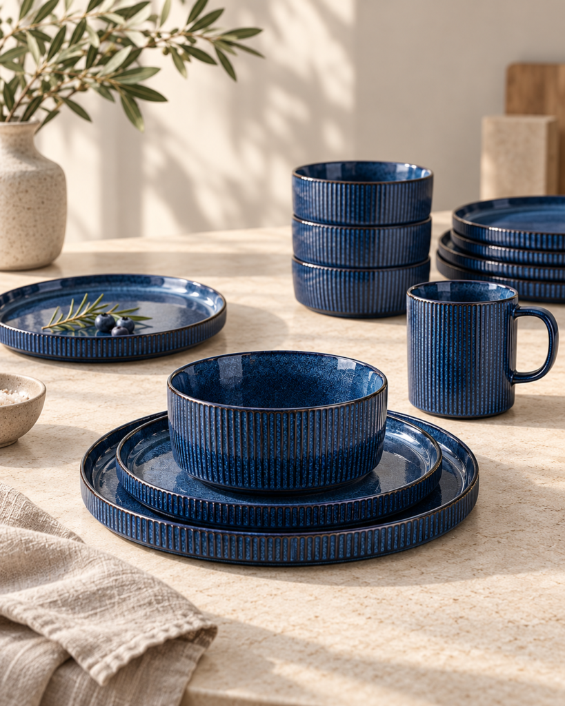AI-edited editorial image of blue ribbed ceramic tableware in an ivory kitchen setting, provided by the publication