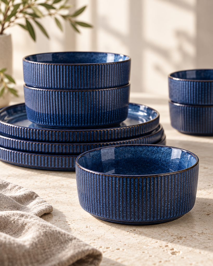 AI-edited editorial close-up of deep blue ribbed stoneware bowls and plates on a neutral countertop, provided by the publication