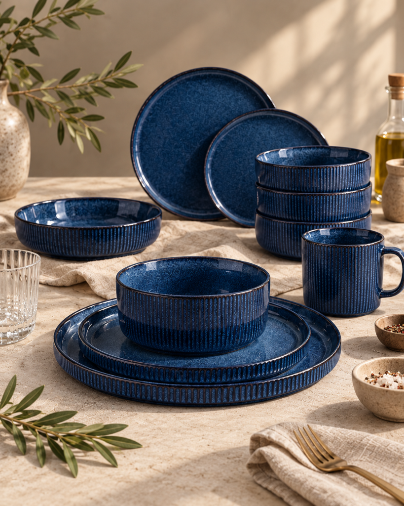 Famiware-style deep blue stoneware arranged in a sunlit kitchen editorial setting; AI-edited illustrative image
