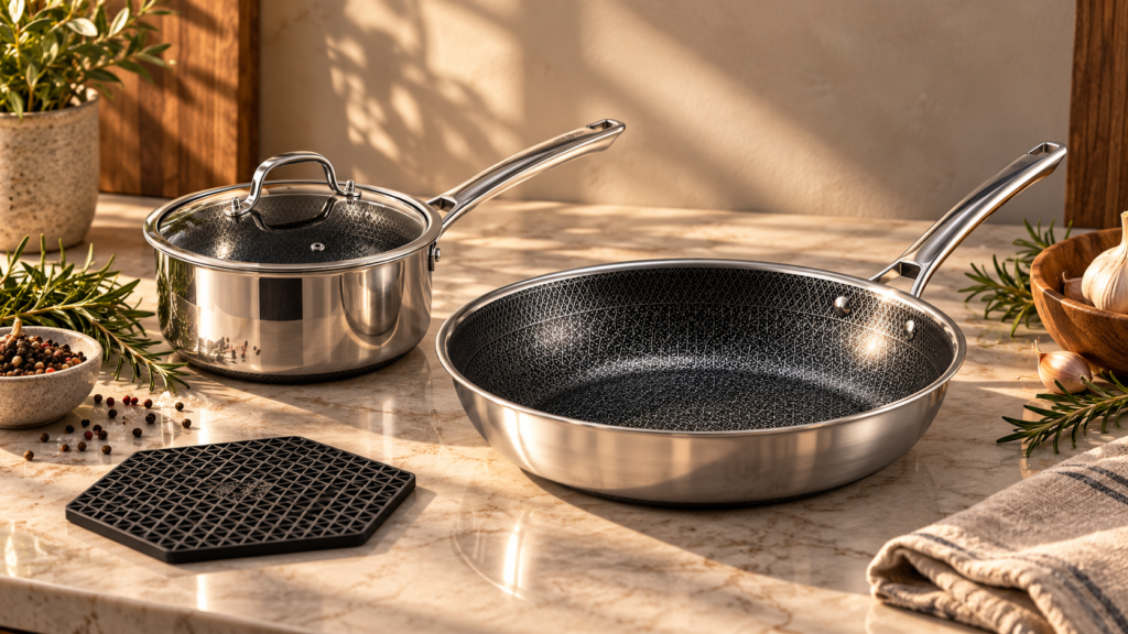 Snowclad hybrid stainless cookware styled in an editorial kitchen, user-provided image 2 of six