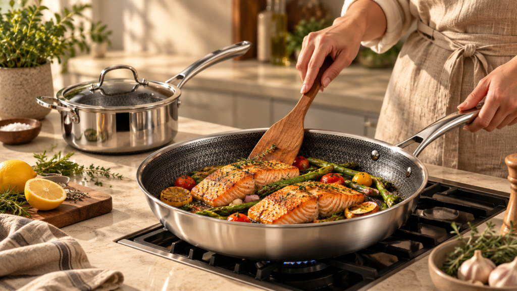 Snowclad hybrid stainless cookware styled in an editorial kitchen, user-provided image 3 of six