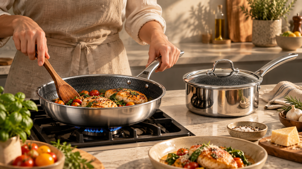 Snowclad hybrid stainless cookware styled in an editorial kitchen, user-provided image 4 of six