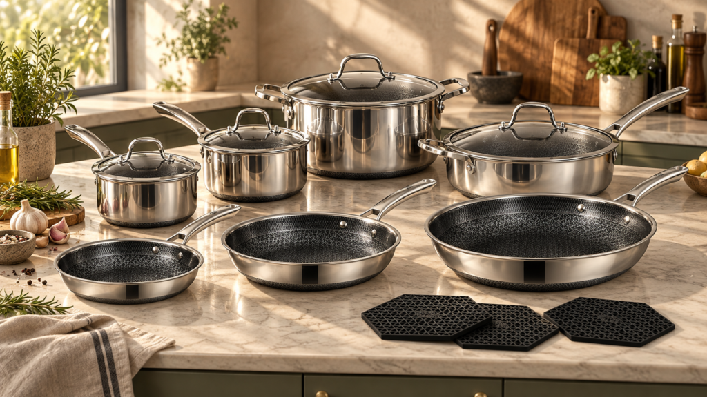 Snowclad hybrid stainless cookware styled in an editorial kitchen, user-provided image 1 of six